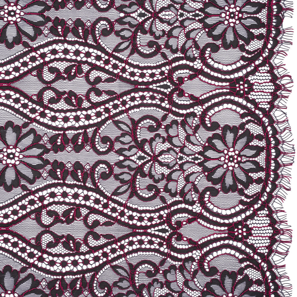 Corded Lace Narrow Panel with Finished Edges - Blue and Raspberry Rose Flowers, Dots and Wavy Lines
