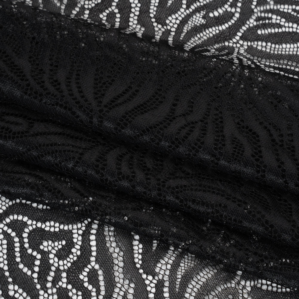 Fine Raschel Lace with Wavy Finished Edges - Black Abstracted Leaves Folded