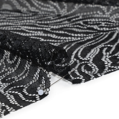Fine Raschel Lace with Wavy Finished Edges - Black Abstracted Leaves Detail