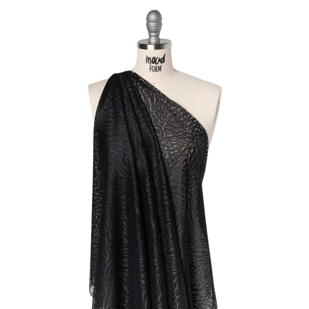 Fine Raschel Lace with Wavy Finished Edges - Black Abstracted Leaves Drape