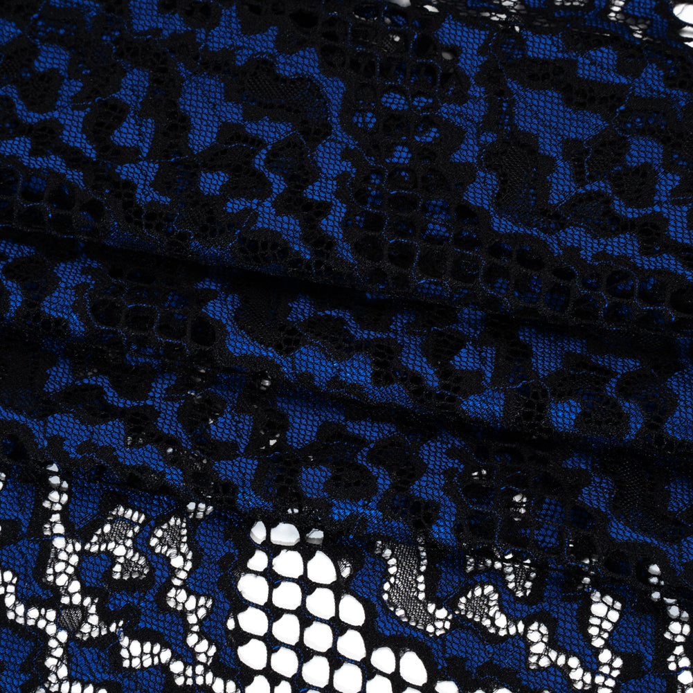 Raschel Lace with Organic Finished Edges - Black and Surf Blue Abstract Wavy Stripes - Folded
