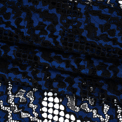 Raschel Lace with Organic Finished Edges - Black and Surf Blue Abstract Wavy Stripes