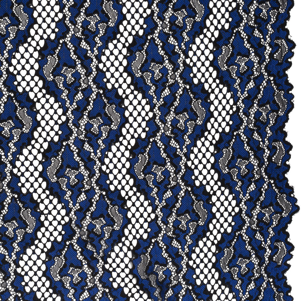Raschel Lace with Organic Finished Edges - Black and Surf Blue Abstract Wavy Stripes