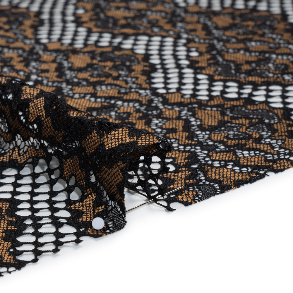 Raschel Lace with Organic Finished Edges - Black and Nude Abstract Wavy Stripes