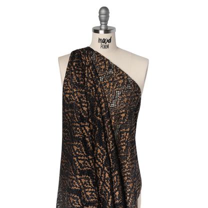 Raschel Lace with Organic Finished Edges - Black and Nude Abstract Wavy Stripes