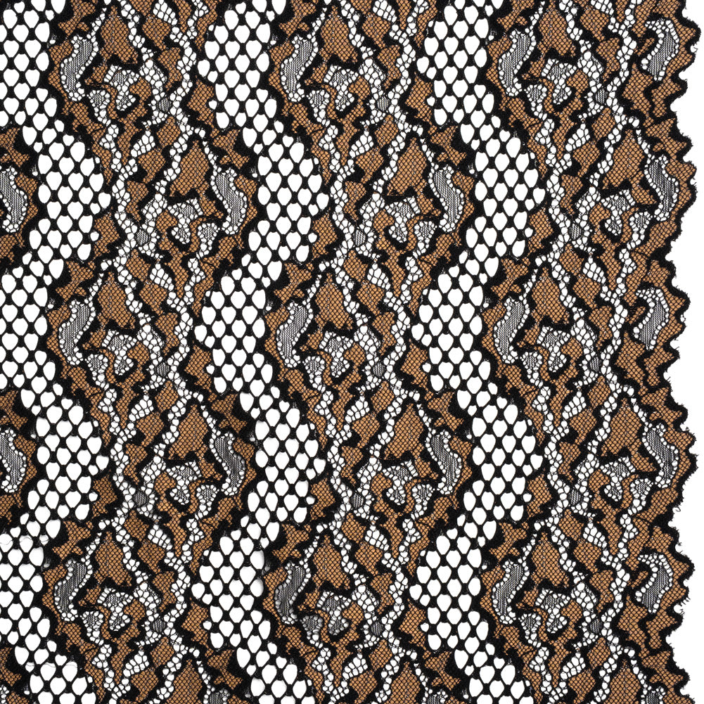 Raschel Lace with Organic Finished Edges - Black and Nude Abstract Wavy Stripes