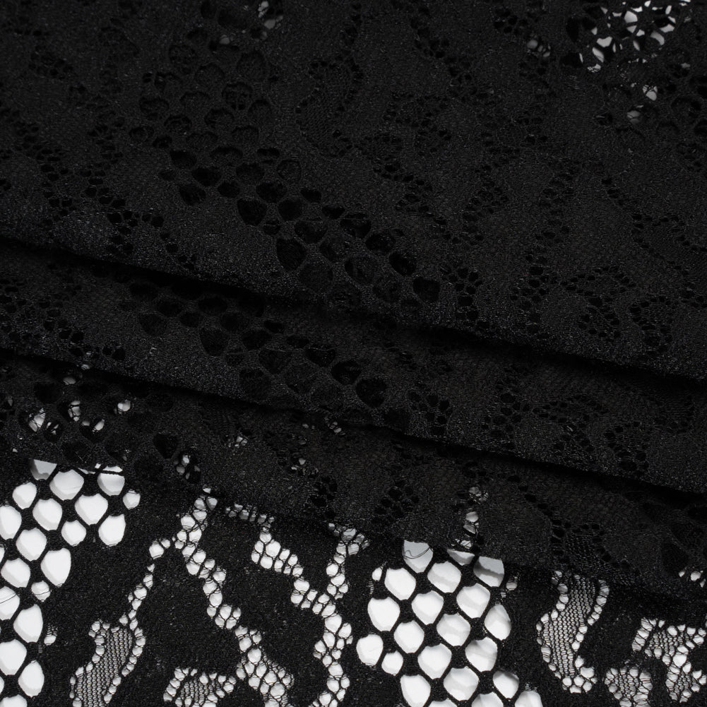 Raschel Lace with Organic Finished Edges - Black Abstract Wavy Stripes - Folded
