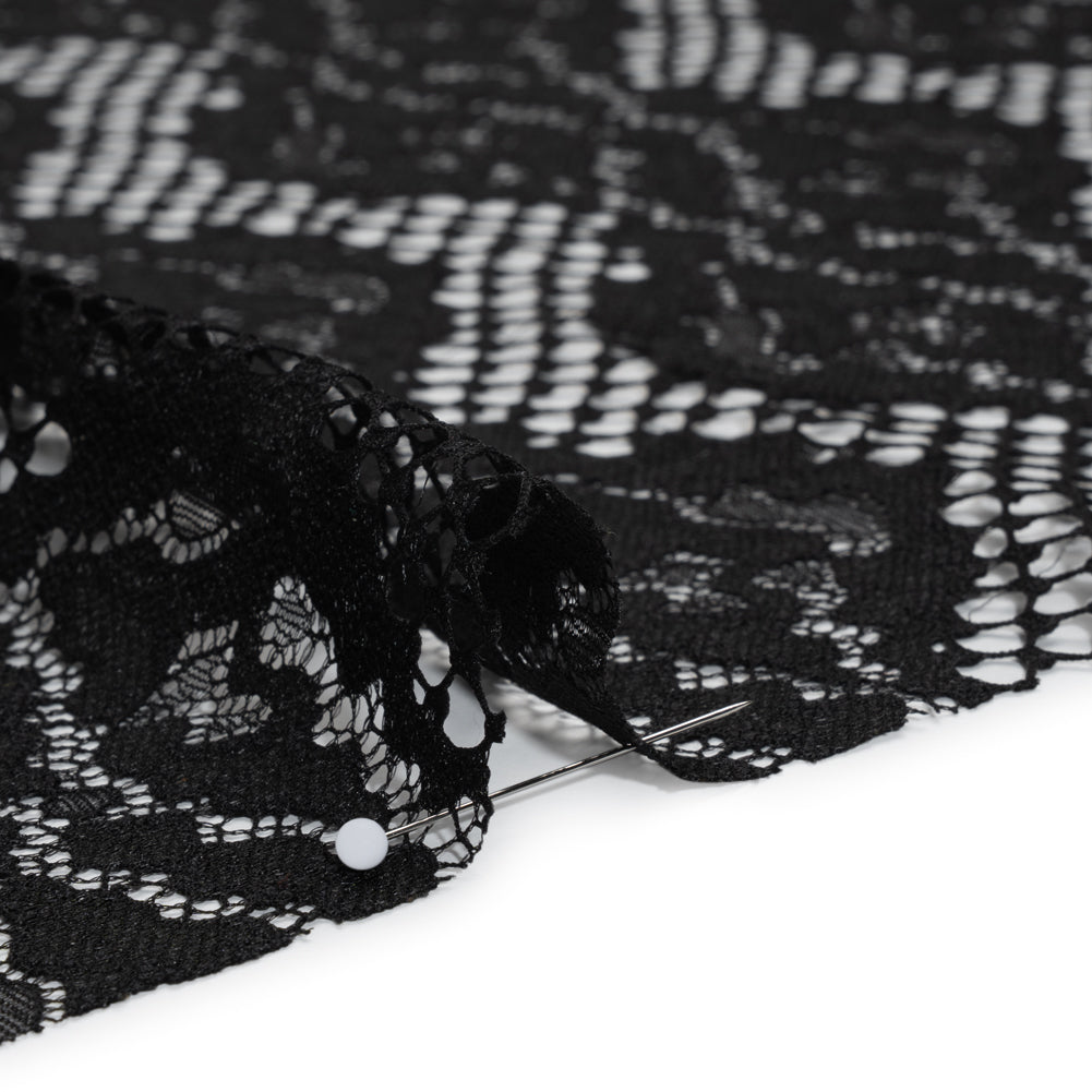 Raschel Lace with Organic Finished Edges - Black Abstract Wavy Stripes - Detail