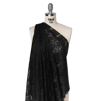Raschel Lace with Organic Finished Edges - Black Abstract Wavy Stripes