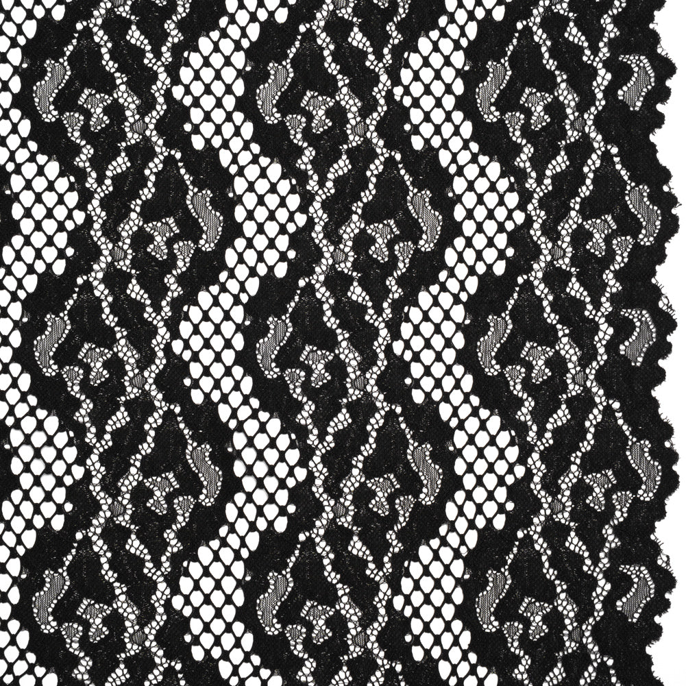Raschel Lace with Organic Finished Edges - Black Abstract Wavy Stripes