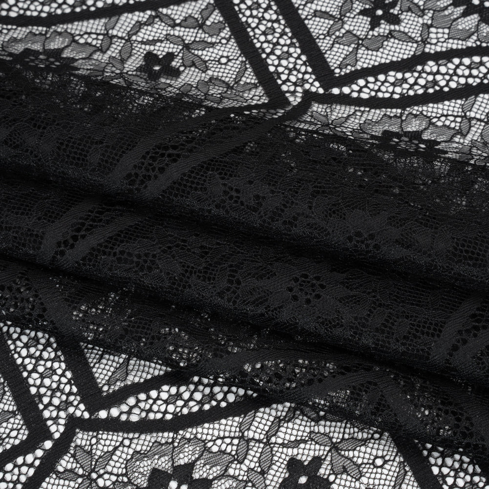 Raschel Lace Panel with Finished Edges - Black Geometric and Floral