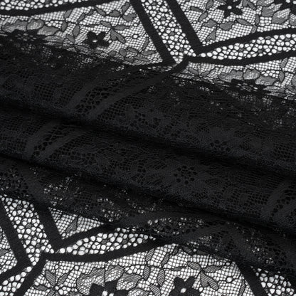 Raschel Lace Panel with Finished Edges - Black Geometric and Floral