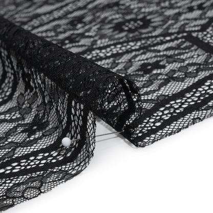 Raschel Lace Panel with Finished Edges - Black Geometric and Floral