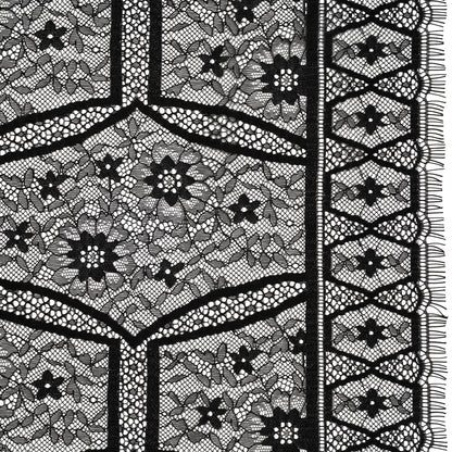 Raschel Lace Panel with Finished Edges - Black Geometric and Floral