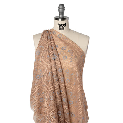 Raschel Lace Panel with Finished Edges - Sand and Steel Blue Geometric and Floral