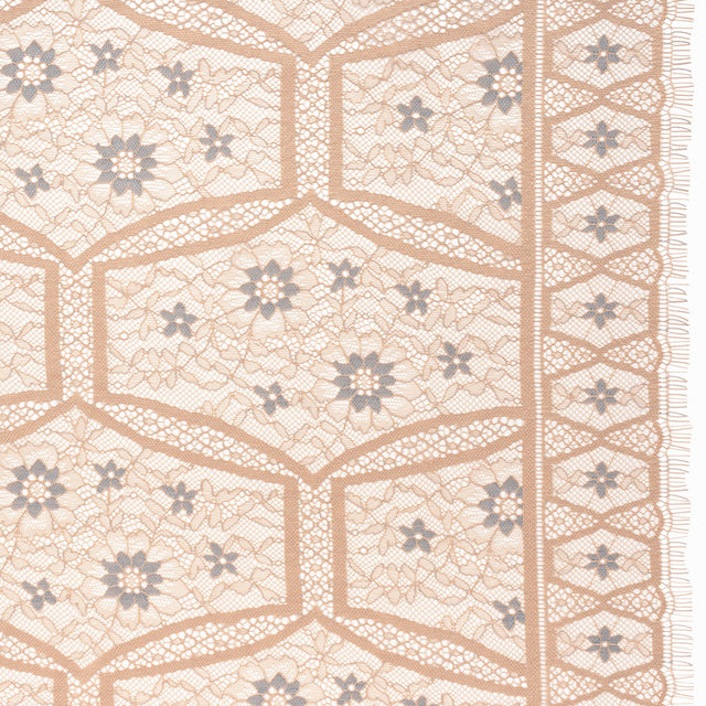 Raschel Lace Panel with Finished Edges - Sand and Steel Blue Geometric and Floral