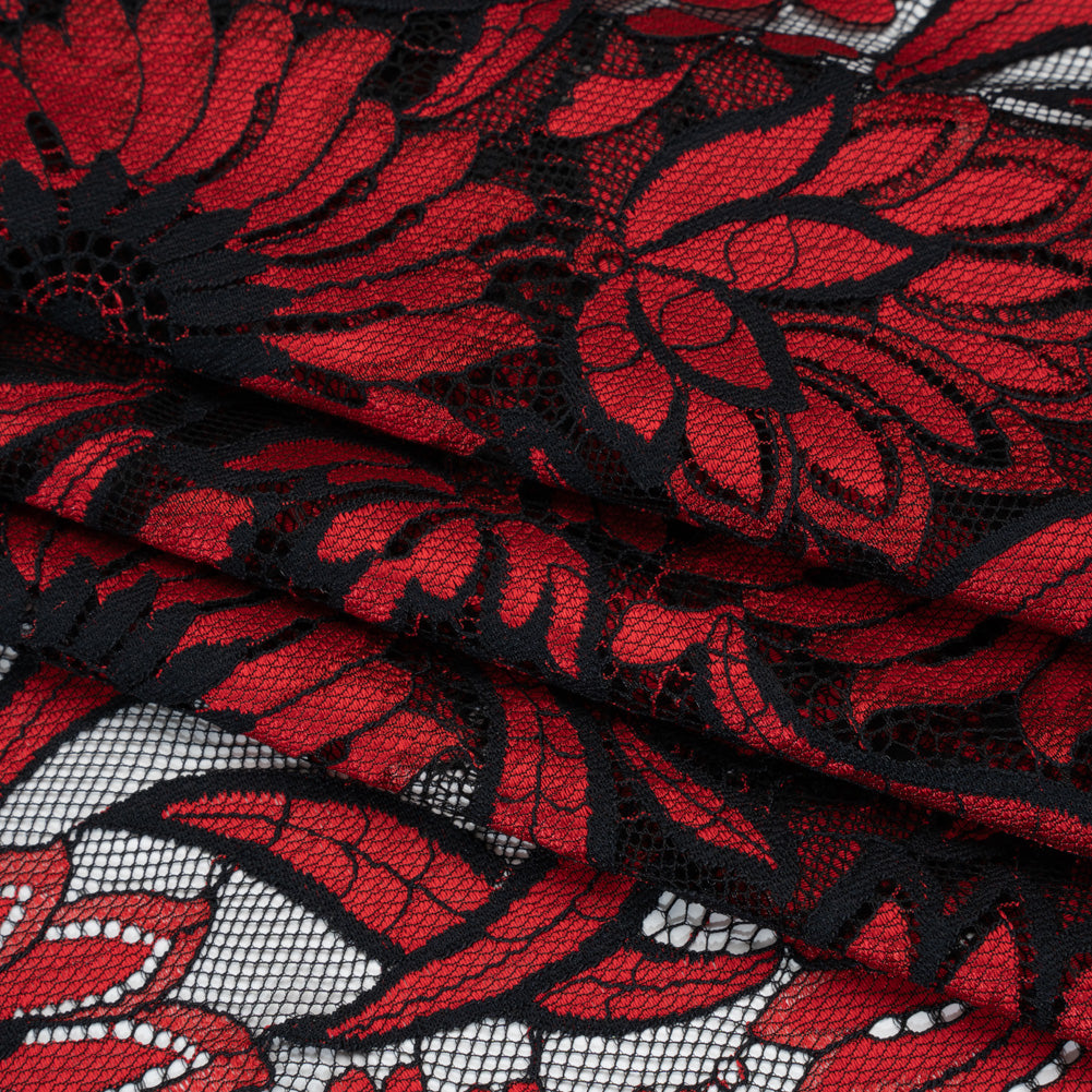Raschel Lace Panel with Finished Edges - Black and Red Bold Daisies and Leaves