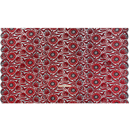 Raschel Lace Panel with Finished Edges - Black and Red Bold Daisies and Leaves