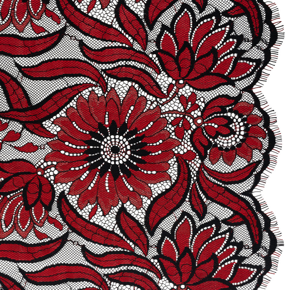 Raschel Lace Panel with Finished Edges - Black and Red Bold Daisies and Leaves