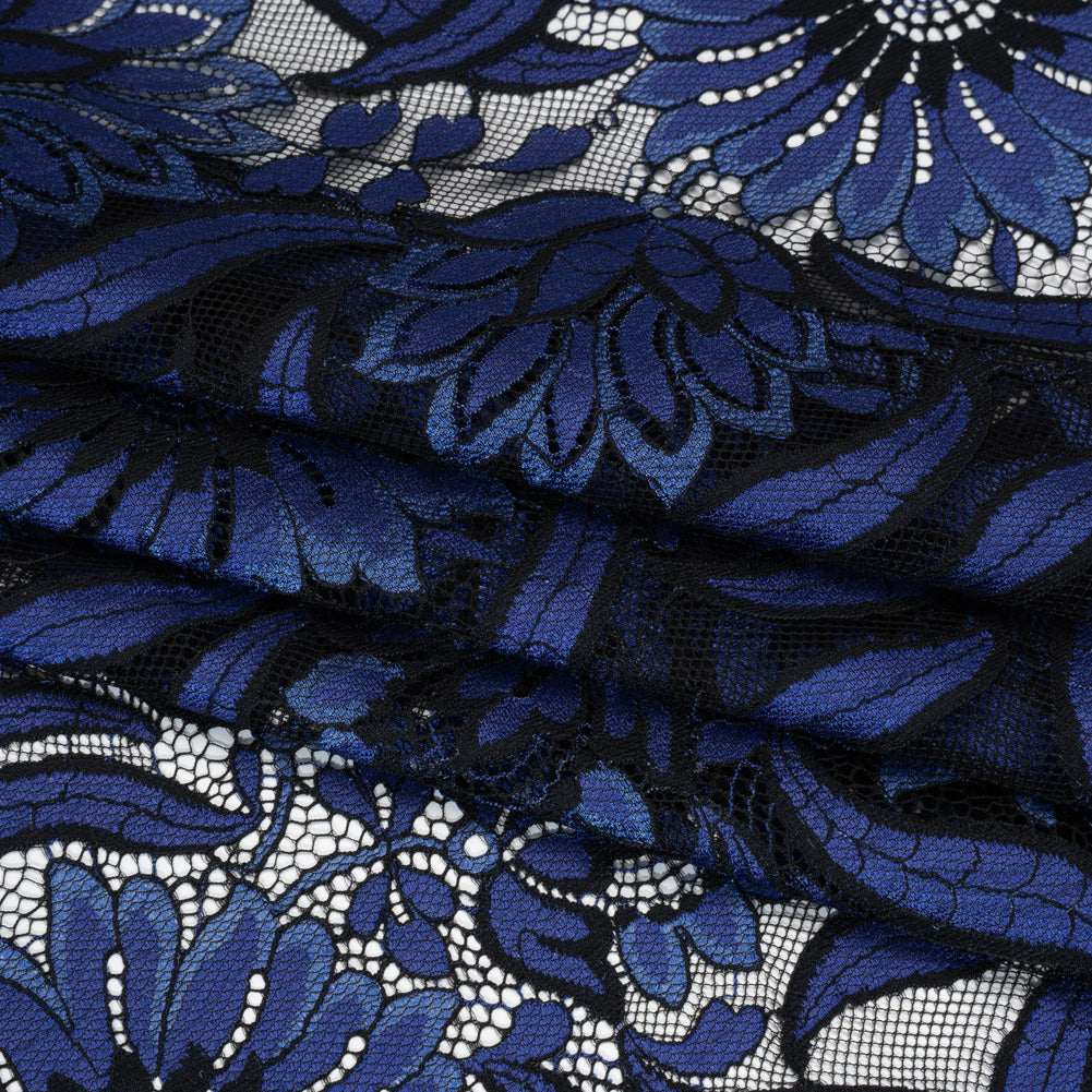 Raschel Lace Panel with Finished Edges - Black and Blue Bold Daisies and Leaves - Folded