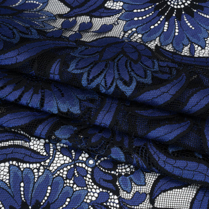 Raschel Lace Panel with Finished Edges - Black and Blue Bold Daisies and Leaves