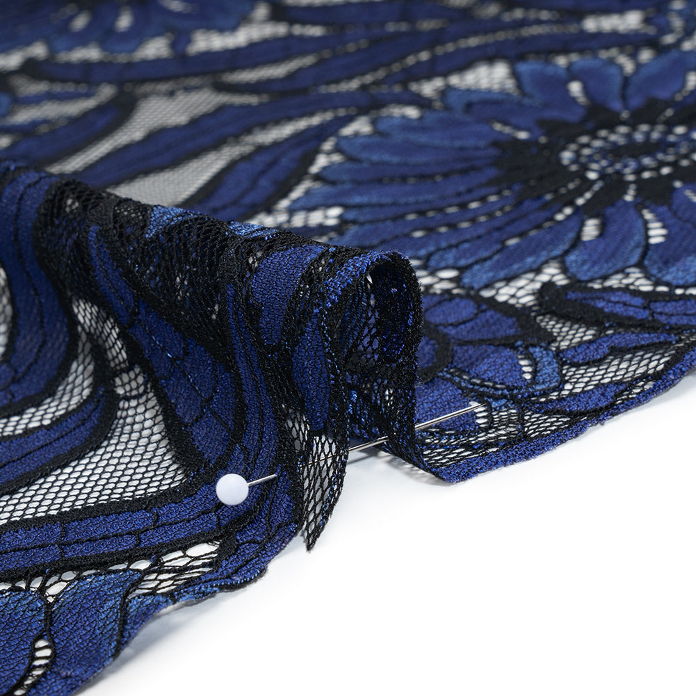 Raschel Lace Panel with Finished Edges - Black and Blue Bold Daisies and Leaves - Detail