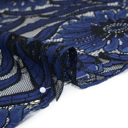 Raschel Lace Panel with Finished Edges - Black and Blue Bold Daisies and Leaves