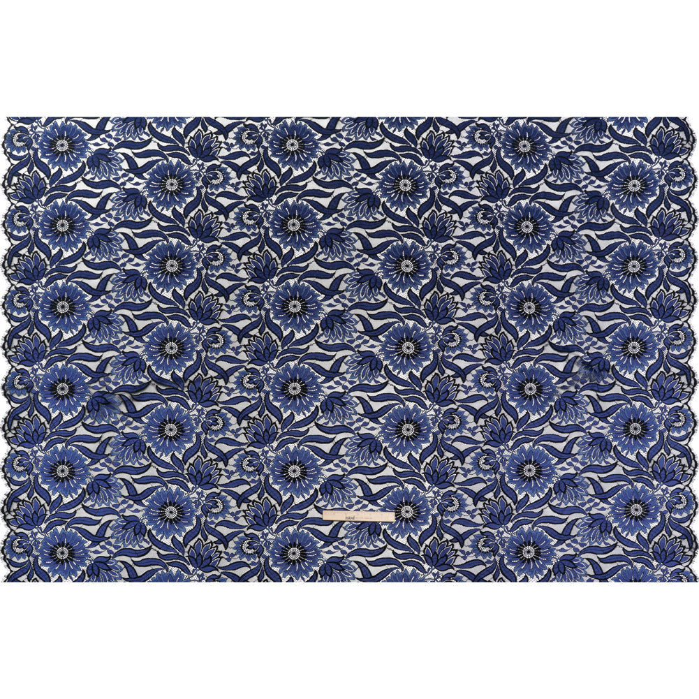 Raschel Lace Panel with Finished Edges - Black and Blue Bold Daisies and Leaves - Full
