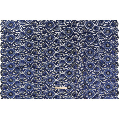 Raschel Lace Panel with Finished Edges - Black and Blue Bold Daisies and Leaves