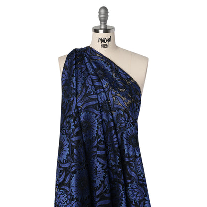 Raschel Lace Panel with Finished Edges - Black and Blue Bold Daisies and Leaves