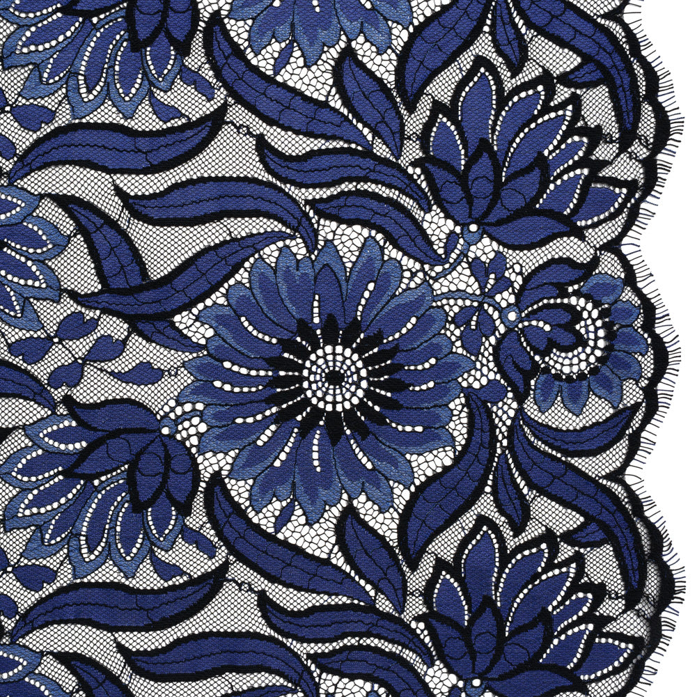 Raschel Lace Panel with Finished Edges - Black and Blue Bold Daisies and Leaves