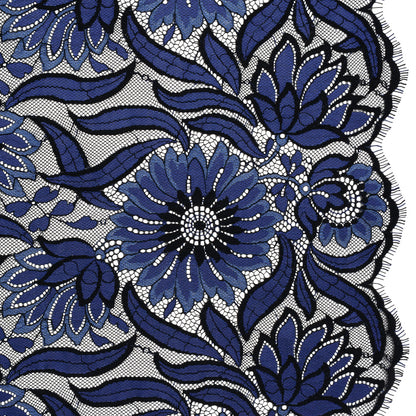 Raschel Lace Panel with Finished Edges - Black and Blue Bold Daisies and Leaves