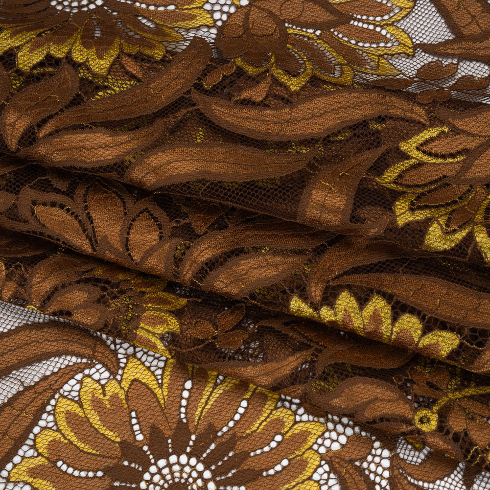 Raschel Lace Panel with Finished Edges - Chestnut, Brown, and Buttercup Bold Daisies and Leaves Folded