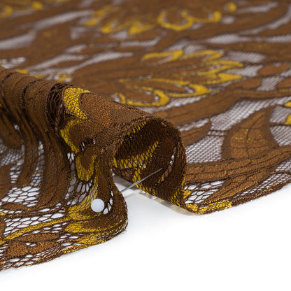 Raschel Lace Panel with Finished Edges - Chestnut, Brown, and Buttercup Bold Daisies and Leaves Detail