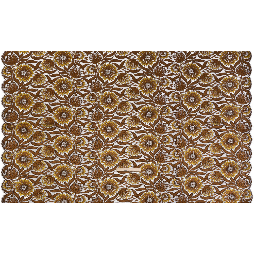Raschel Lace Panel with Finished Edges - Chestnut, Brown, and Buttercup Bold Daisies and Leaves Full