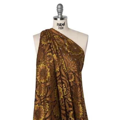 Raschel Lace Panel with Finished Edges - Chestnut, Brown, and Buttercup Bold Daisies and Leaves Drape