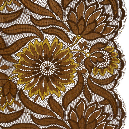Raschel Lace Panel with Finished Edges - Chestnut, Brown, and Buttercup Bold Daisies and Leaves