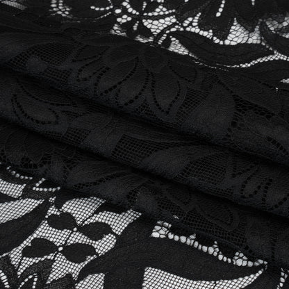 Raschel Lace Panel with Finished Edges - Black Bold Daisies and Leaves