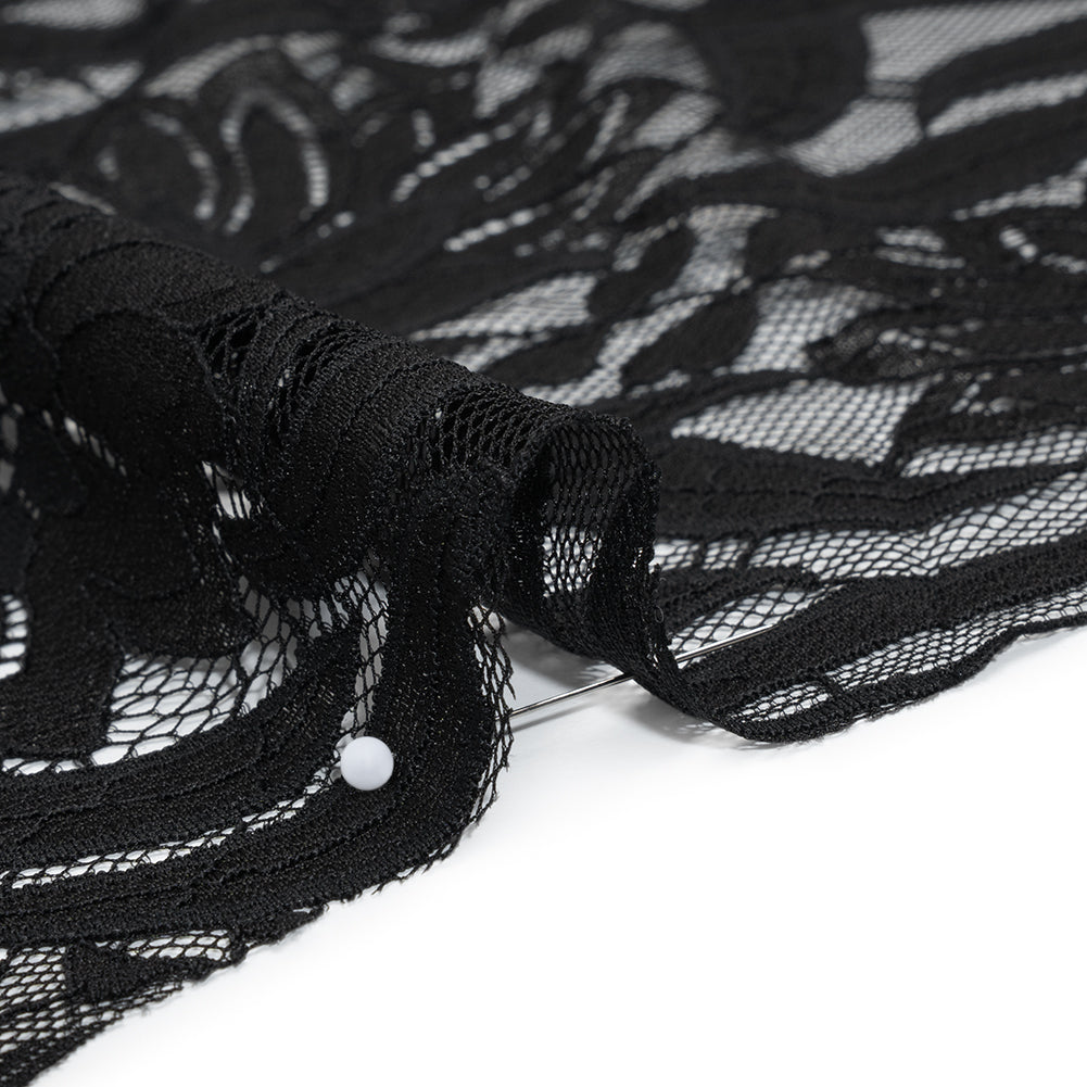 Raschel Lace Panel with Finished Edges - Black Bold Daisies and Leaves