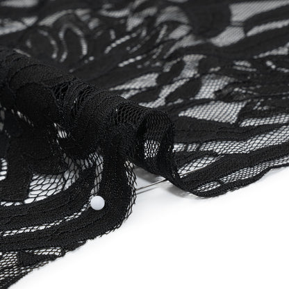 Raschel Lace Panel with Finished Edges - Black Bold Daisies and Leaves