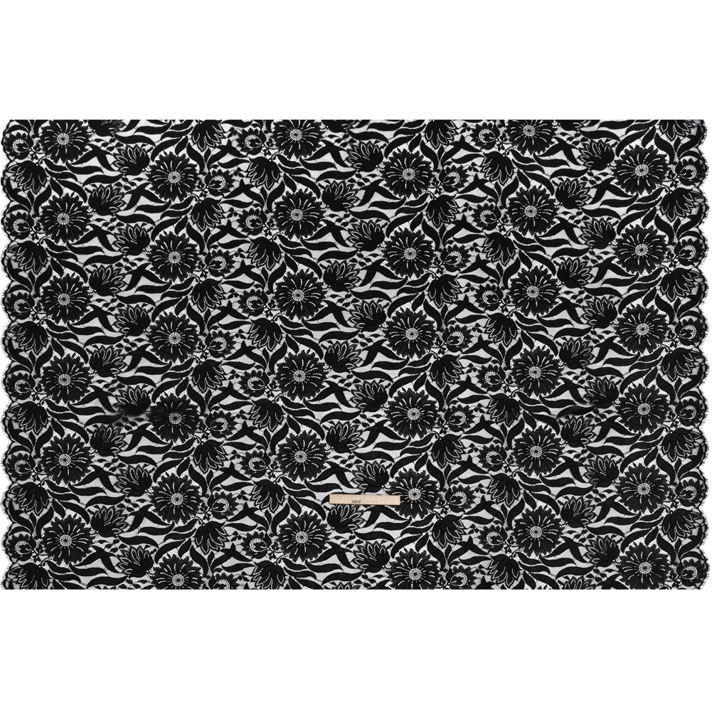 Raschel Lace Panel with Finished Edges - Black Bold Daisies and Leaves