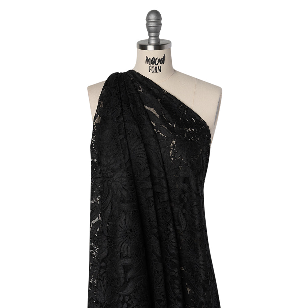 Raschel Lace Panel with Finished Edges - Black Bold Daisies and Leaves