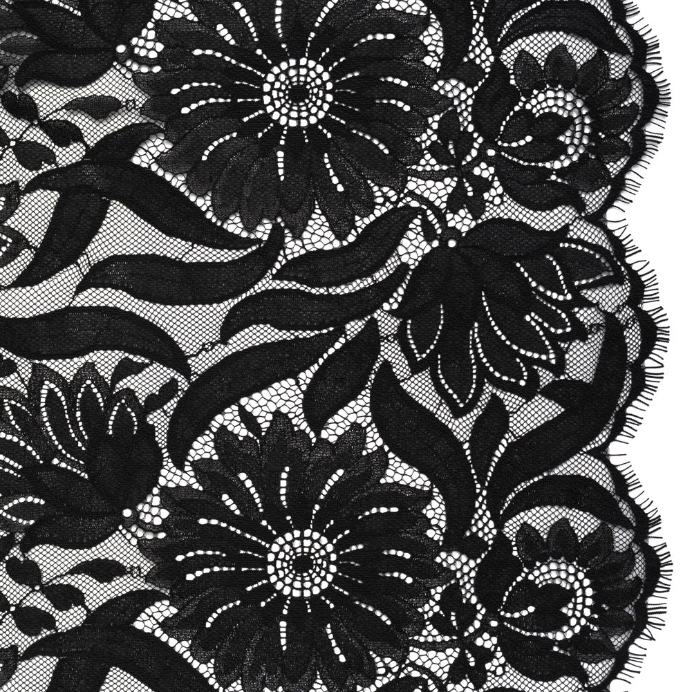 Raschel Lace Panel with Finished Edges - Black Bold Daisies and Leaves