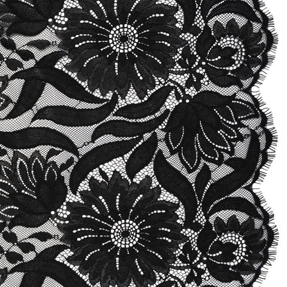 Raschel Lace Panel with Finished Edges - Black Bold Daisies and Leaves