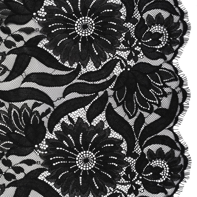 Raschel Lace Panel with Finished Edges - Black Bold Daisies and Leaves
