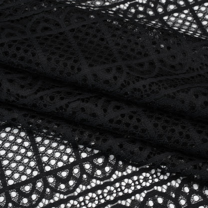 Raschel Lace Panel with Finished Edges - Black Geometric Rows of Windows