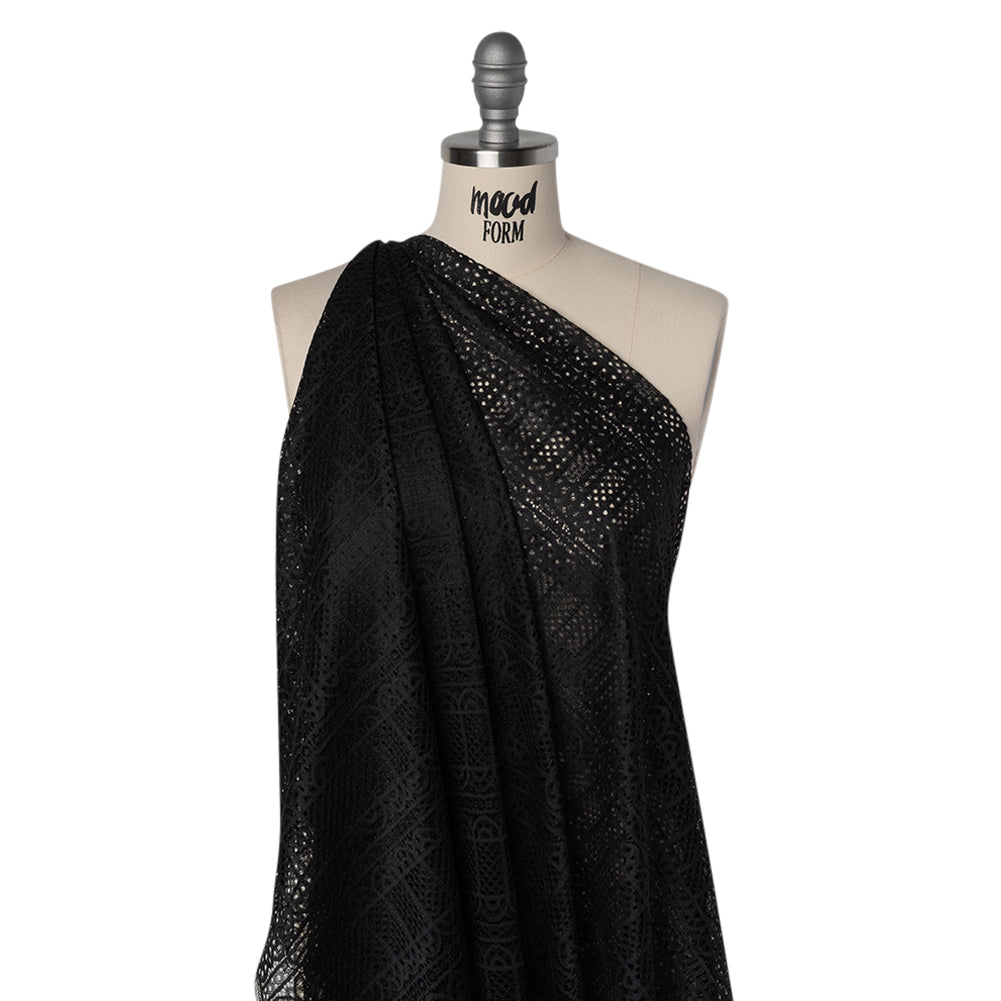 Raschel Lace Panel with Finished Edges - Black Geometric Rows of Windows - Drape