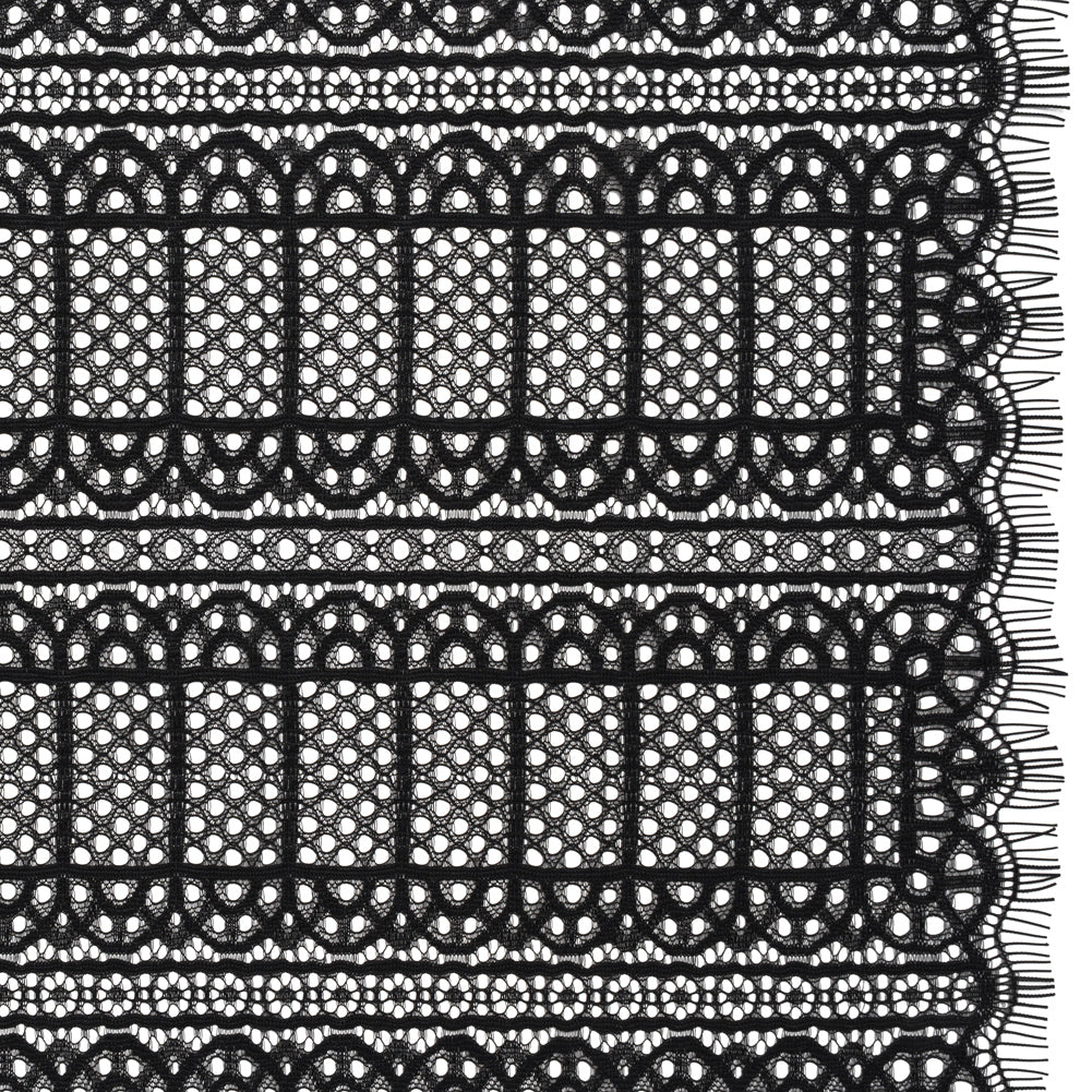 Raschel Lace Panel with Finished Edges - Black Geometric Rows of Windows