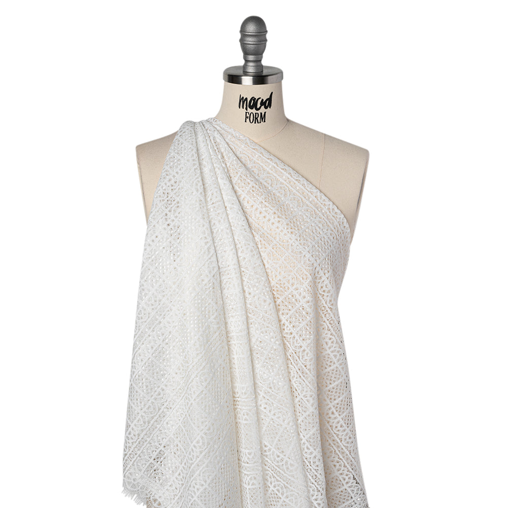 Raschel Lace Panel with Finished Edges - Ivory Geometric Rows of Windows