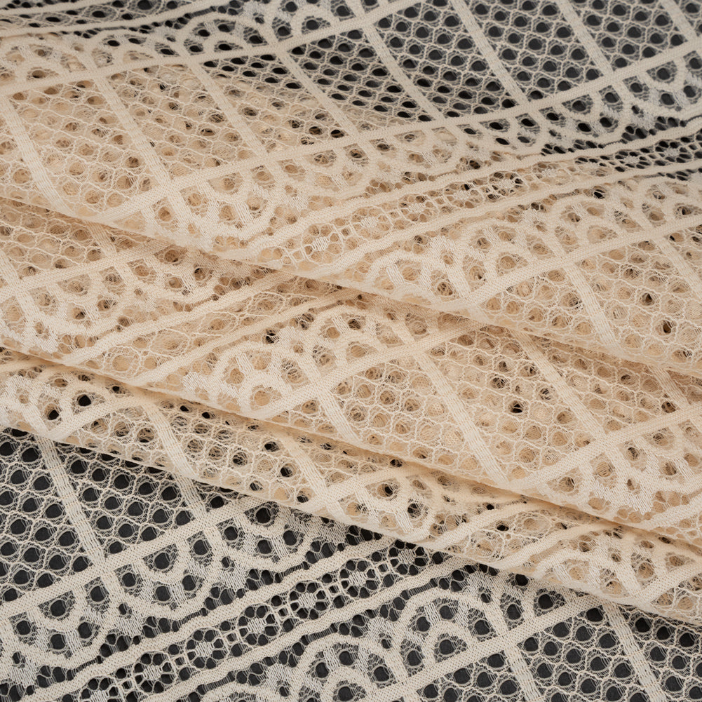 Raschel Lace Panel with Finished Edges - Tea Stain Geometric Rows of Windows - Folded